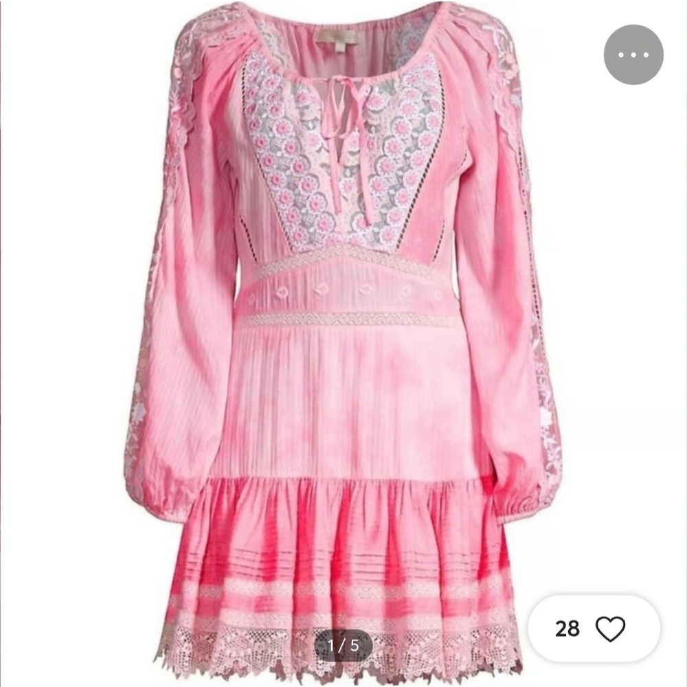 LoveShackFancy Pink Embroidered Tiered Long-Sleeve Dress